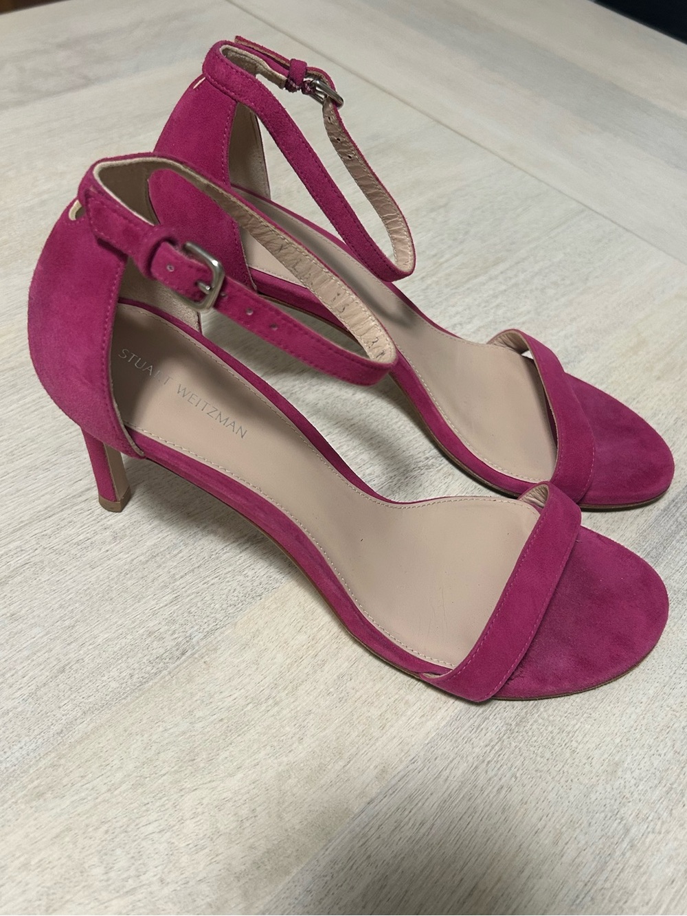 Stuart Weitzman Pink Suede Nudist Sandals Heels Size 8 M in Excellent Condition